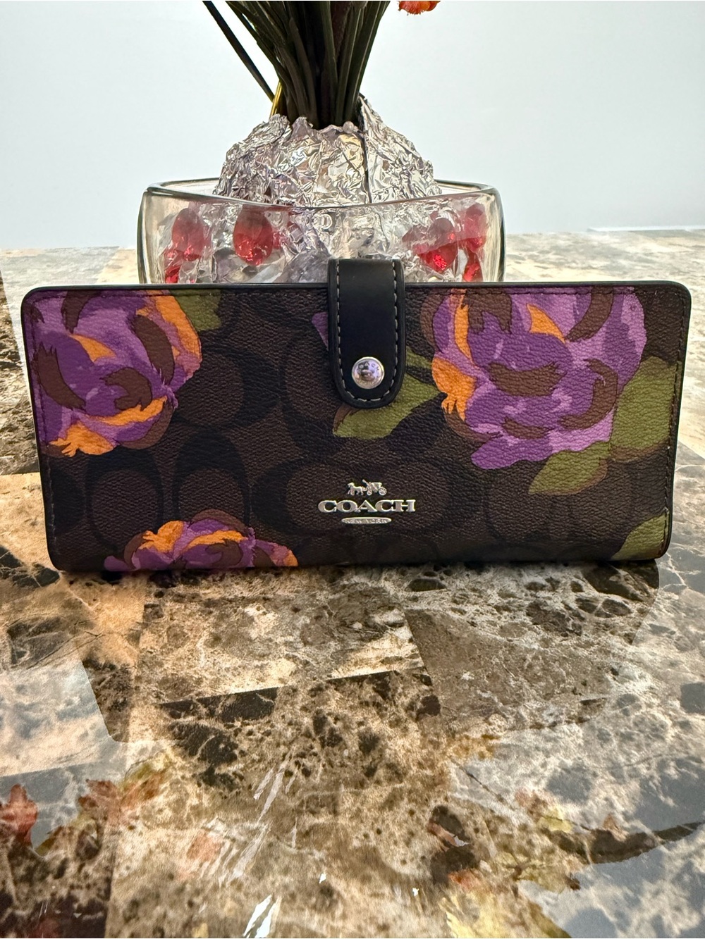 Coach Floral Signature Wallet in Black with Purple and Orange Blooms